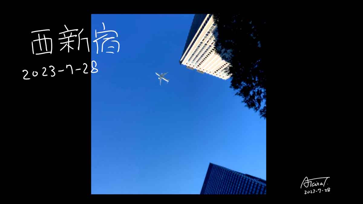 西新宿の空を飛ぶ旅客機